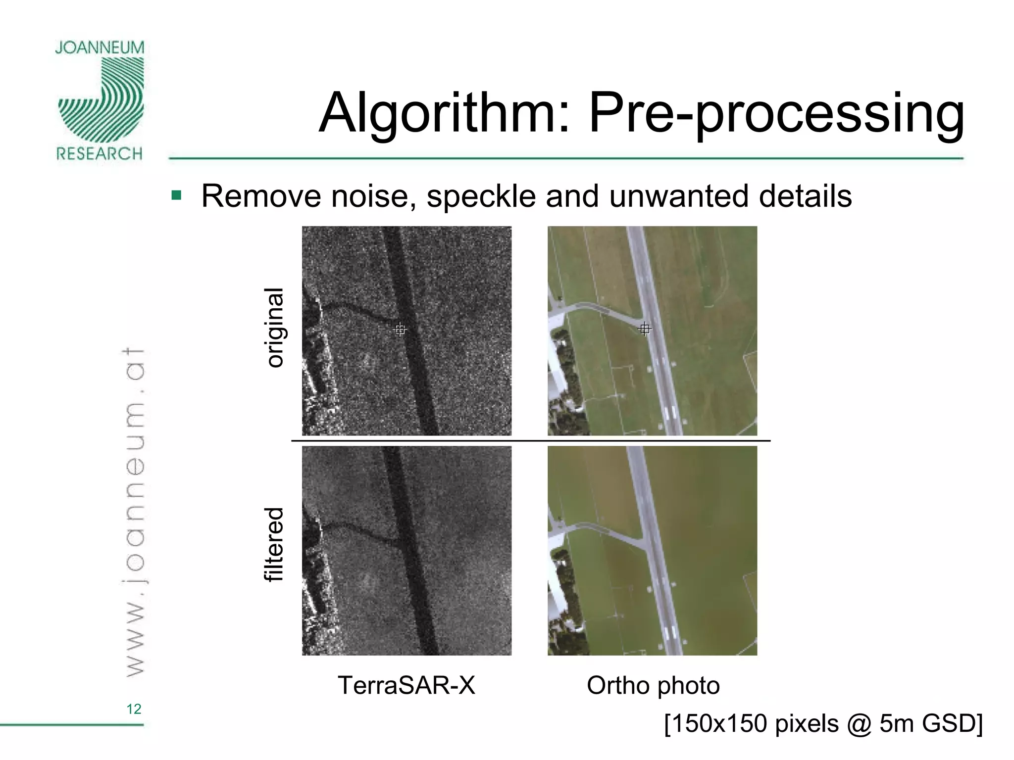 Algorithm: Pre-processing Remove noise, speckle and unwanted details  original filtered TerraSAR-X Ortho photo [150x150 pixels @ 5m GSD] 