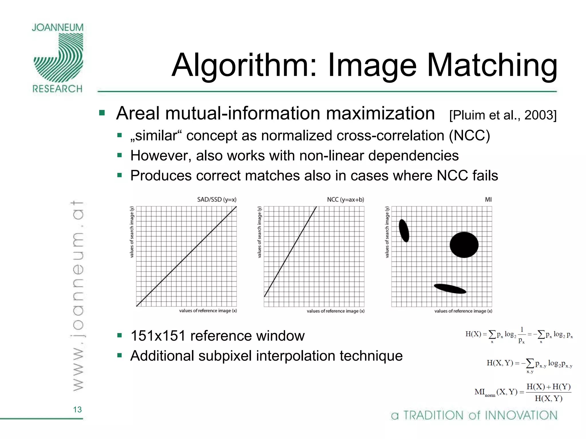 Algorithm: Image Matching Areal mutual-information maximization „ similar“ concept as normalized cross-correlation (NCC) However, also works with non-linear dependencies Produces correct matches also in cases where NCC fails 151x151 reference window Additional subpixel interpolation technique [Pluim et al., 2003] 