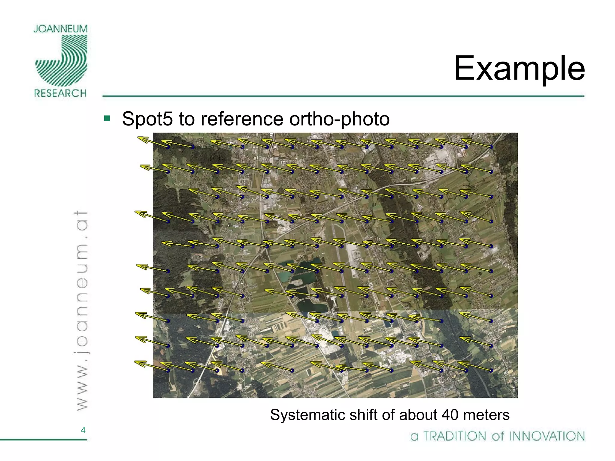 Example Spot5 to reference ortho-photo Systematic shift of about 40 meters 