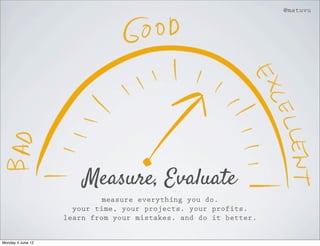 @matuvu




                       Measure, Evaluate
                            measure everything you do.
                     your time, your projects. your profits.
                   learn from your mistakes. and do it better.


Monday 4 June 12
 