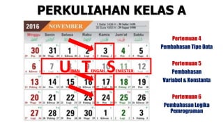 PERKULIAHAN KELAS A
Pertemuan 4
Pembahasan Tipe Data
Pertemuan 5
Pembahasan
Variabel & Konstanta
Pertemuan 6
Pembahasan Logika
Pemrograman
UJIAN TENGAH SEMESTER
 