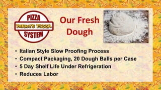 Our Fresh
Dough
• Italian Style Slow Proofing Process
• Compact Packaging, 20 Dough Balls per Case
• 5 Day Shelf Life Under Refrigeration
• Reduces Labor
 