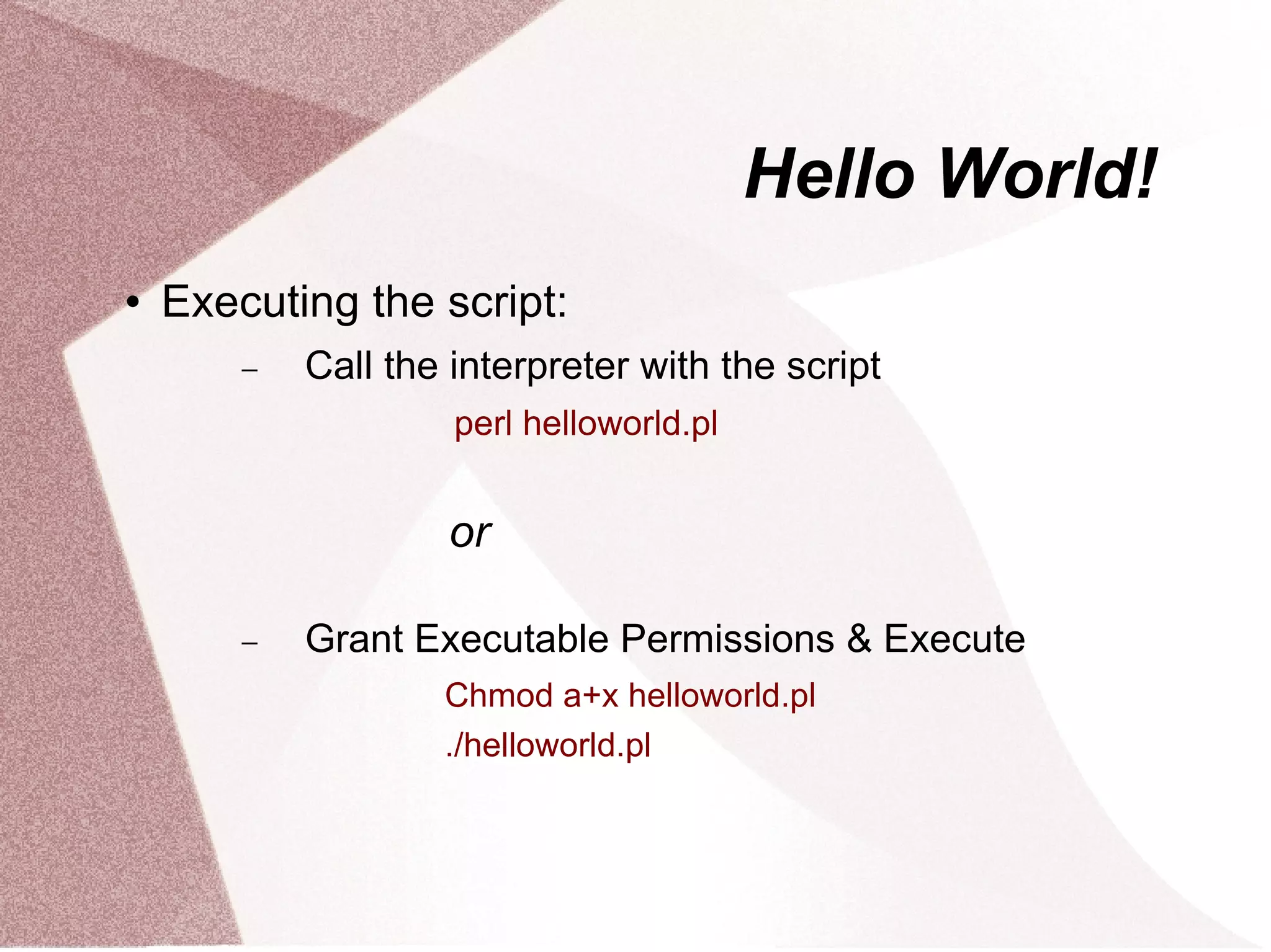 Hello World!
   Executing the script:
        −   Call the interpreter with the script
                     perl helloworld.pl


                     or

        −   Grant Executable Permissions & Execute
                    Chmod a+x helloworld.pl
                    ./helloworld.pl
 