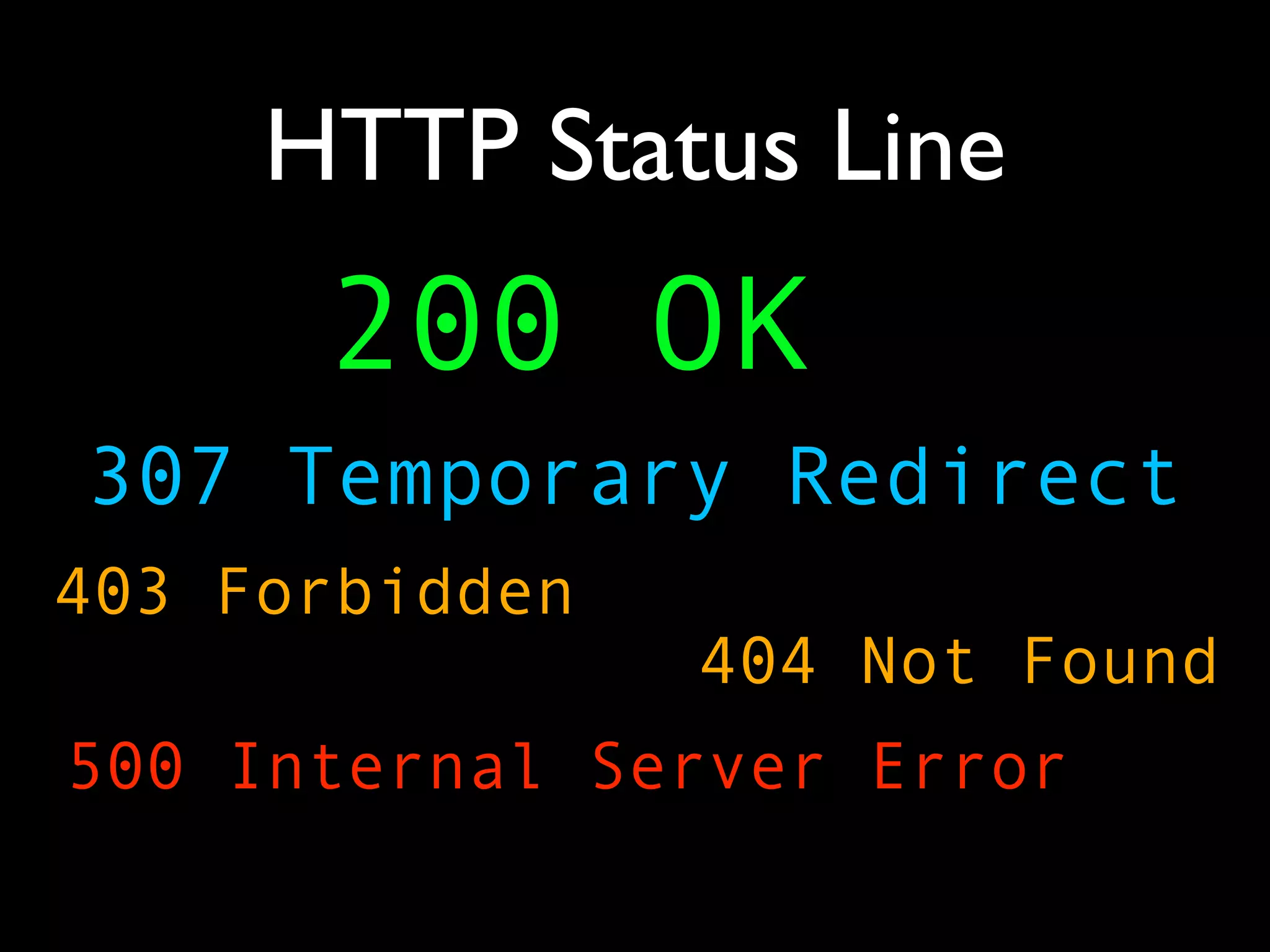 HTTP Status Line
      200 OK
307 Temporary Redirect
403 Forbidden
                404 Not Found
500 Internal Server Error
 