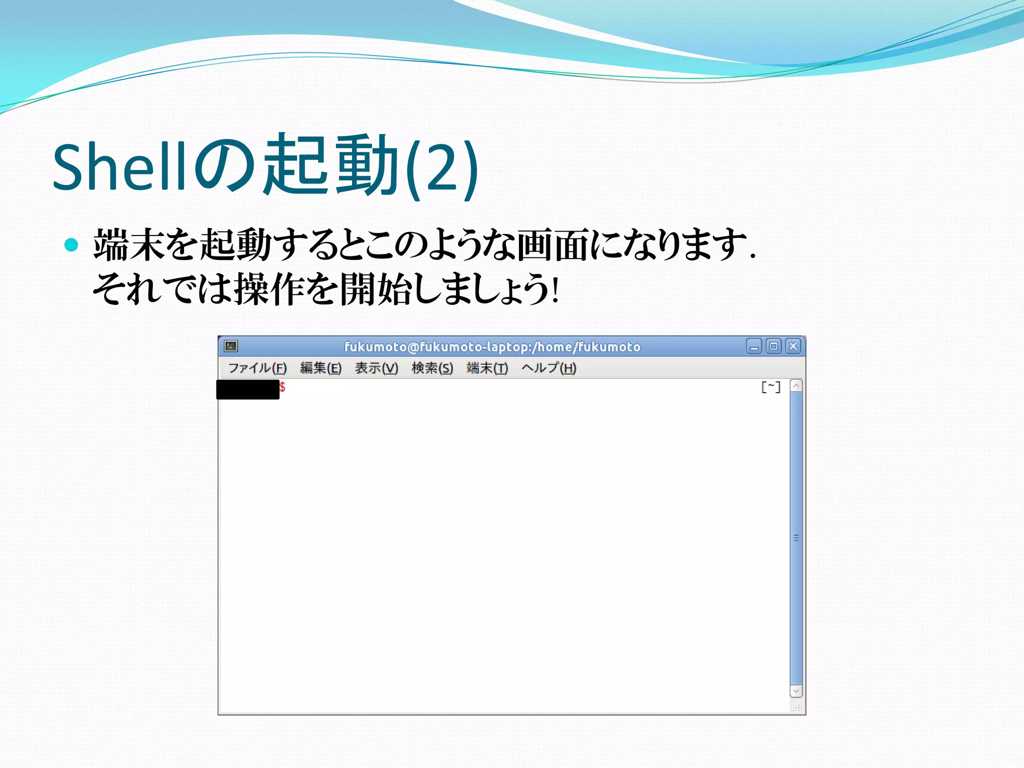 Shellの起動(2)
 端末を起動するとこのような画面になります.
  それでは操作を開始しましょう!
 