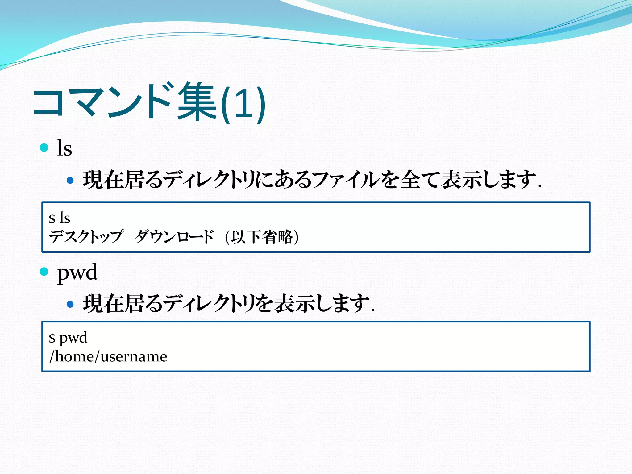 コマンド集(1)
 ls
    現在居るディレクトリにあるファイルを全て表示します.

 $ ls
 デスクトップ ダウンロード (以下省略)

 pwd
    現在居るディレクトリを表示します.
 $ pwd
 /home/username
 