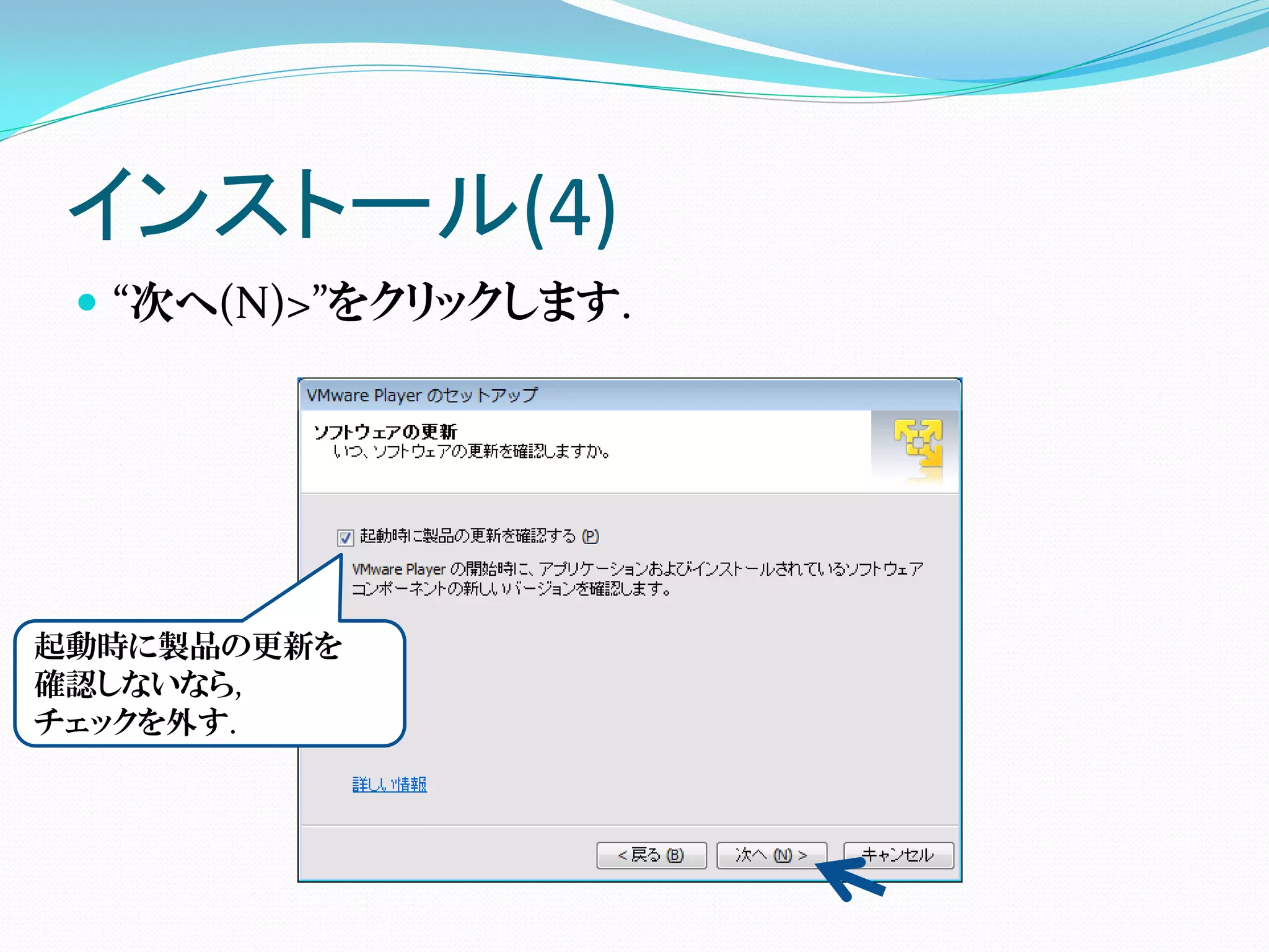 インストール(4)
  “次へ(N)>”をクリックします.




               インストール先
起動時に製品の更新を
確認しないなら,
チェックを外す.
 