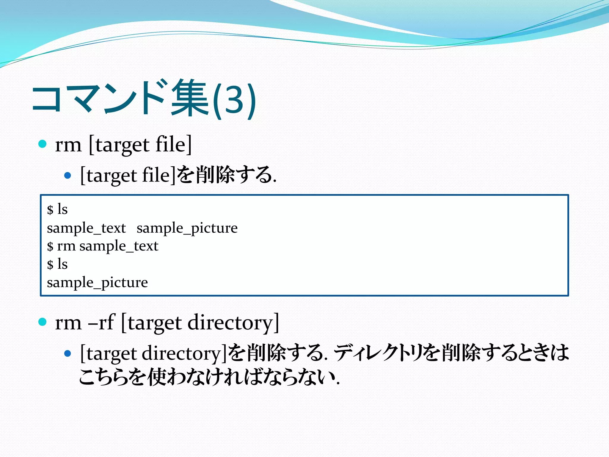 コマンド集(3)
 rm [target file]
    [target file]を削除する.
 $ ls
 sample_text sample_picture
 $ rm sample_text
 $ ls
 sample_picture

 rm –rf [target directory]
    [target directory]を削除する. ディレクトリを削除するときは
     こちらを使わなければならない.
 