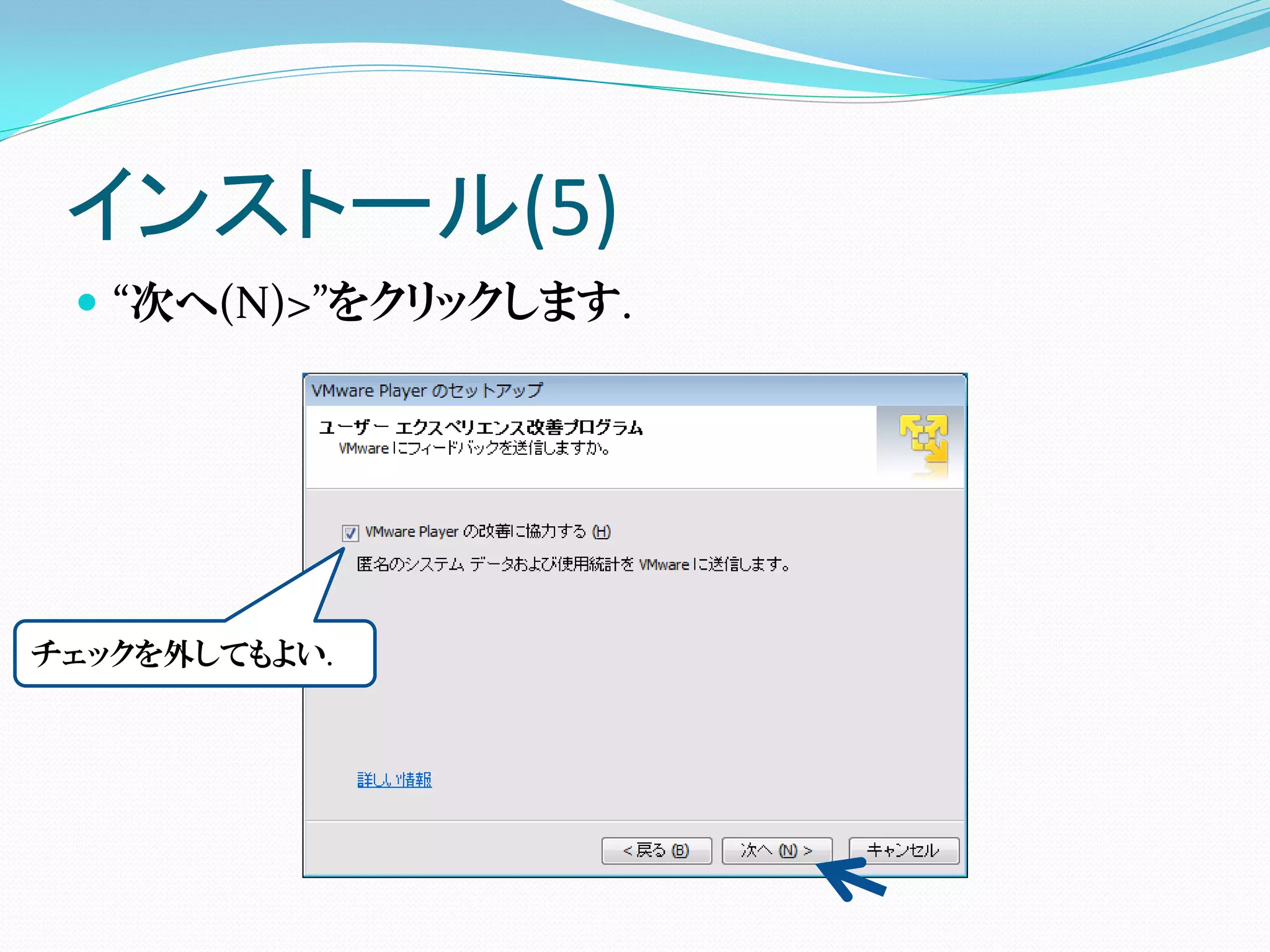 インストール(5)
  “次へ(N)>”をクリックします.




               インストール先
チェックを外してもよい.
 