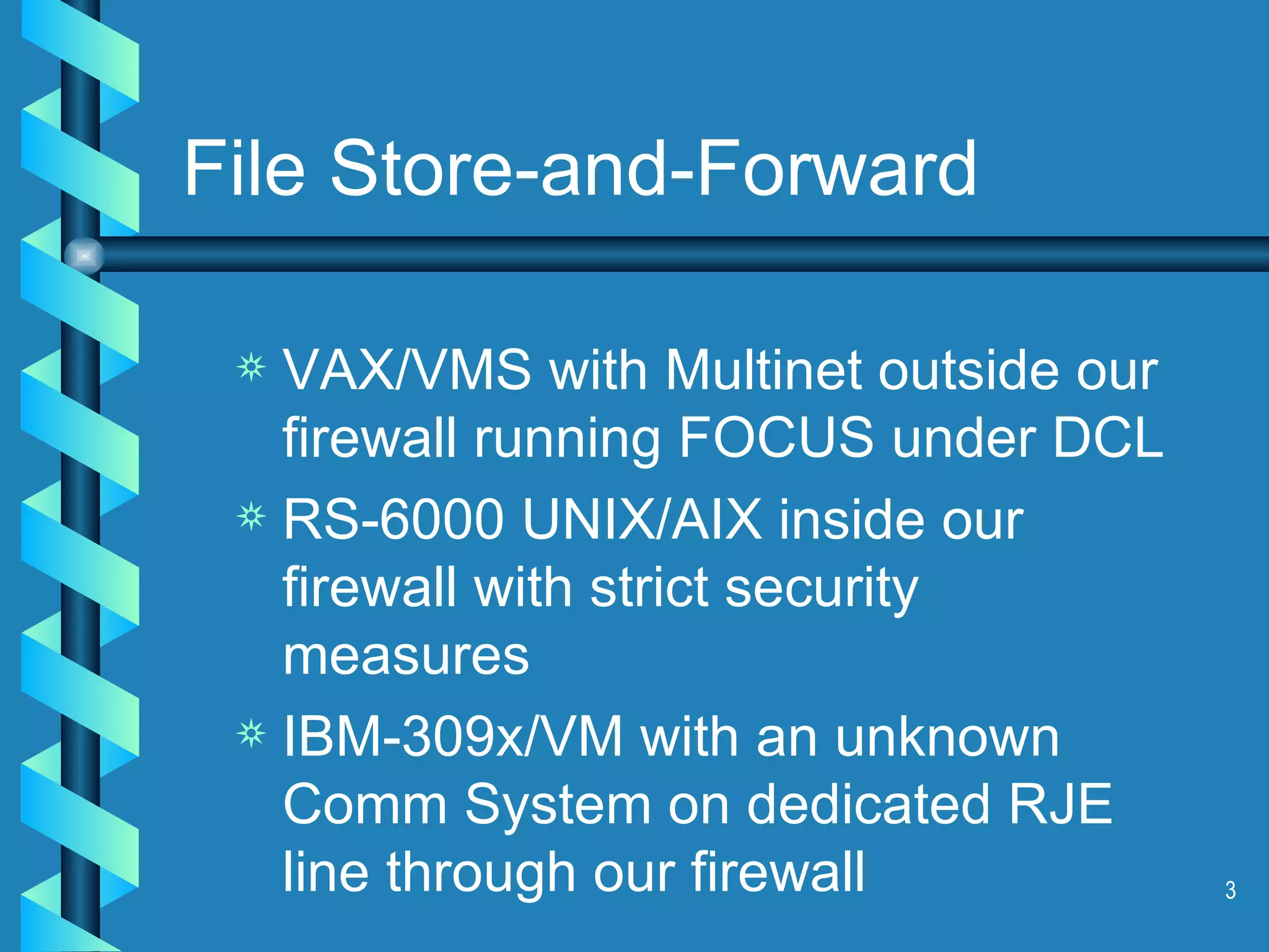 File Store-and-Forward VAX/VMS with Multinet outside our firewall running FOCUS under DCL RS-6000 UNIX/AIX inside our firewall with strict security measures IBM-309x/VM with an unknown Comm System on dedicated RJE line through our firewall 