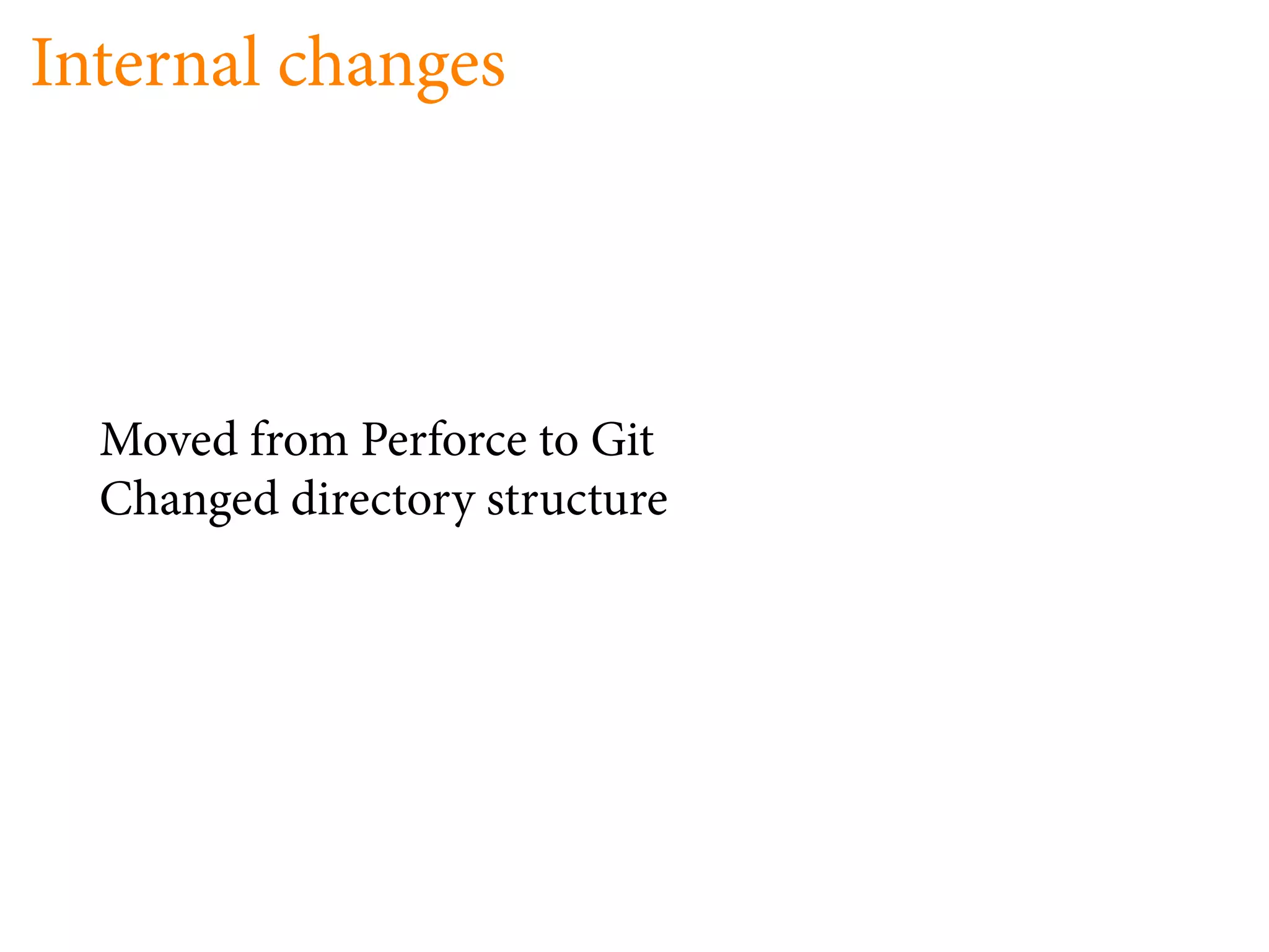 Internal changes




  Moved from Perforce to Git
  Changed directory structure
 