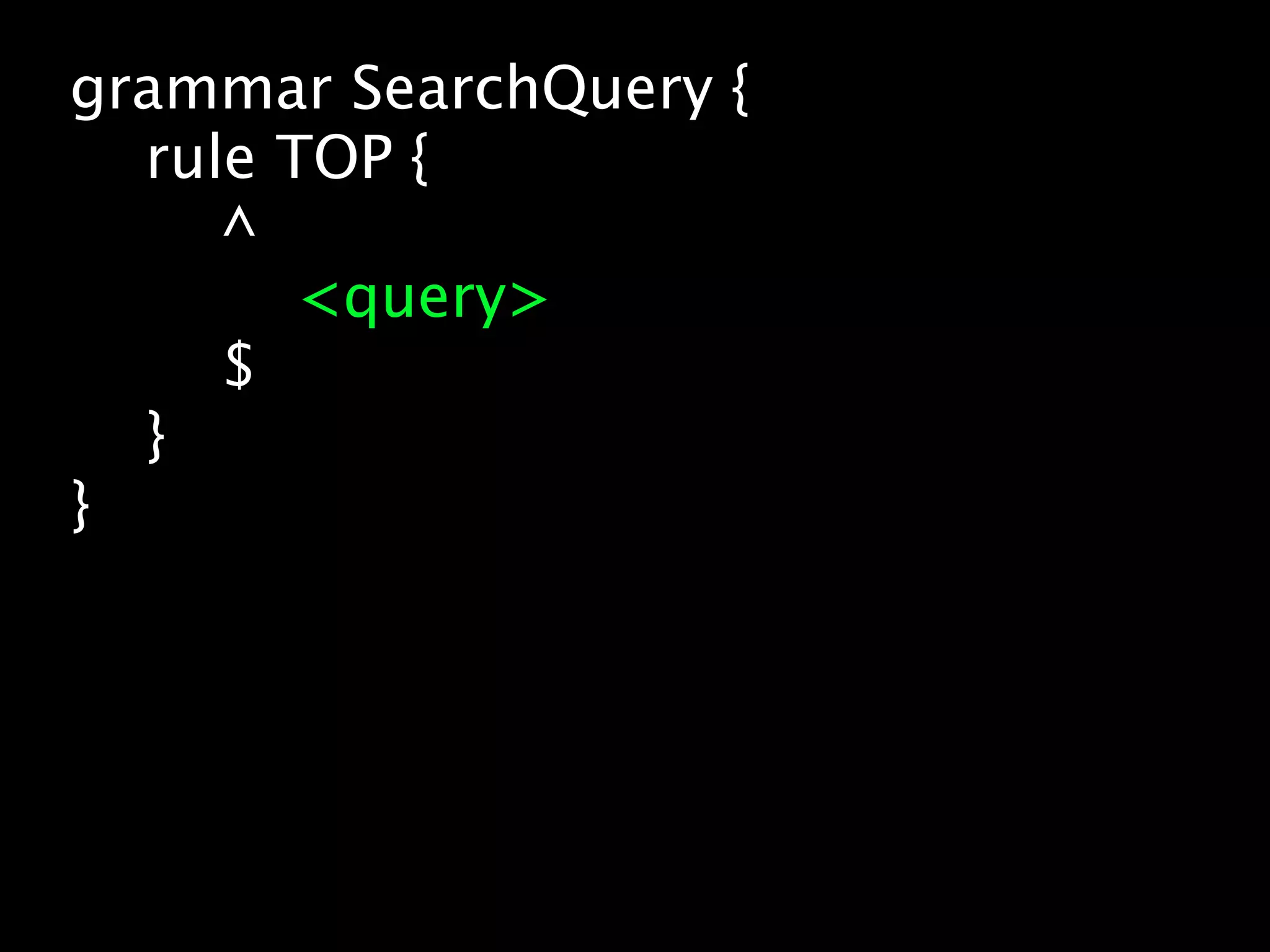 grammar SearchQuery {
  rule TOP {
     ^
        <query>
     $
  }
}
 