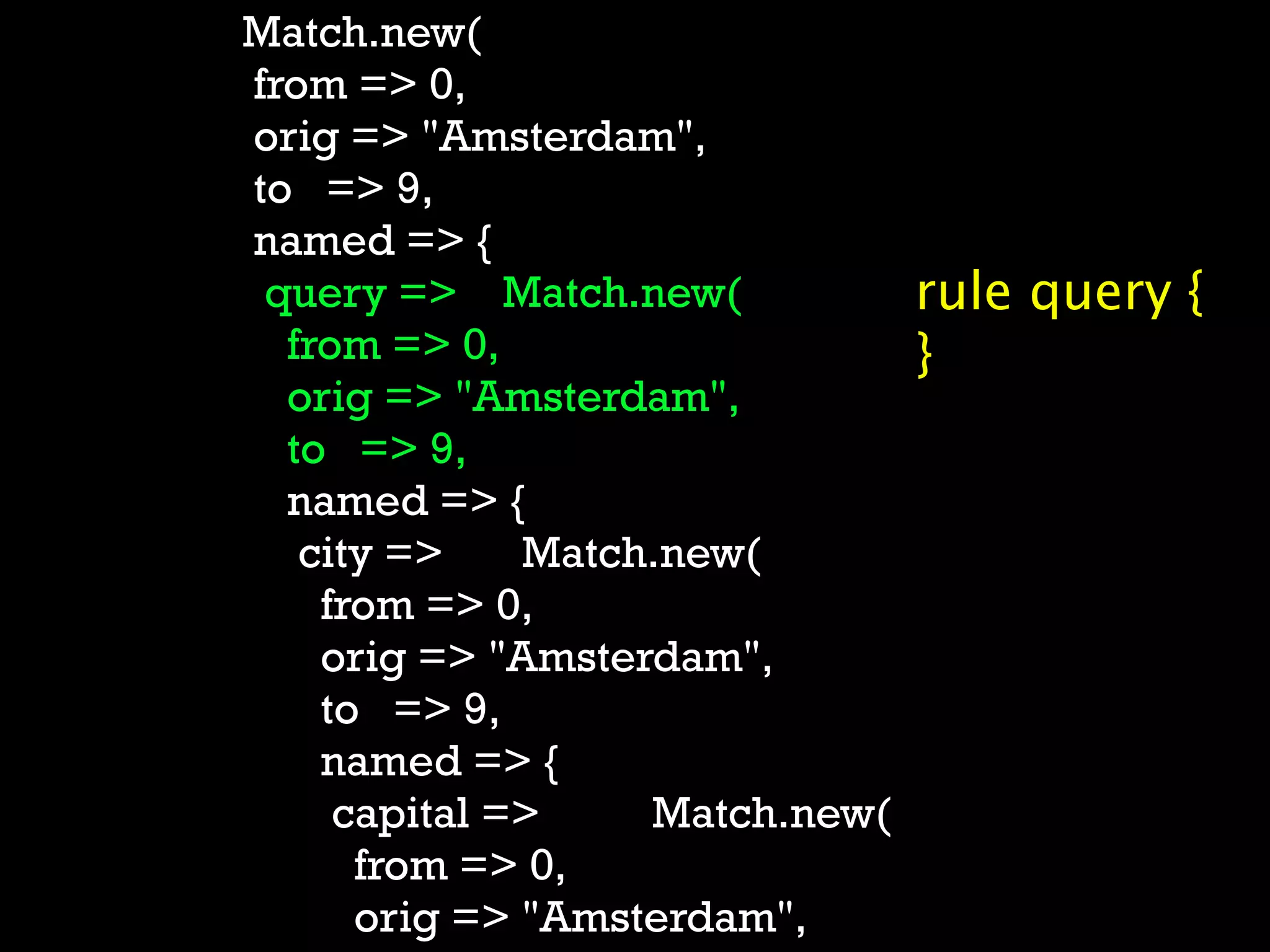 Match.new(
from => 0,
orig => "Amsterdam",
to => 9,
named => {
 query => Match.new(          rule query {
  from => 0,                  }
  orig => "Amsterdam",
  to => 9,
  named => {
   city =>    Match.new(
    from => 0,
    orig => "Amsterdam",
    to => 9,
    named => {
     capital =>    Match.new(
      from => 0,
      orig => "Amsterdam",
 