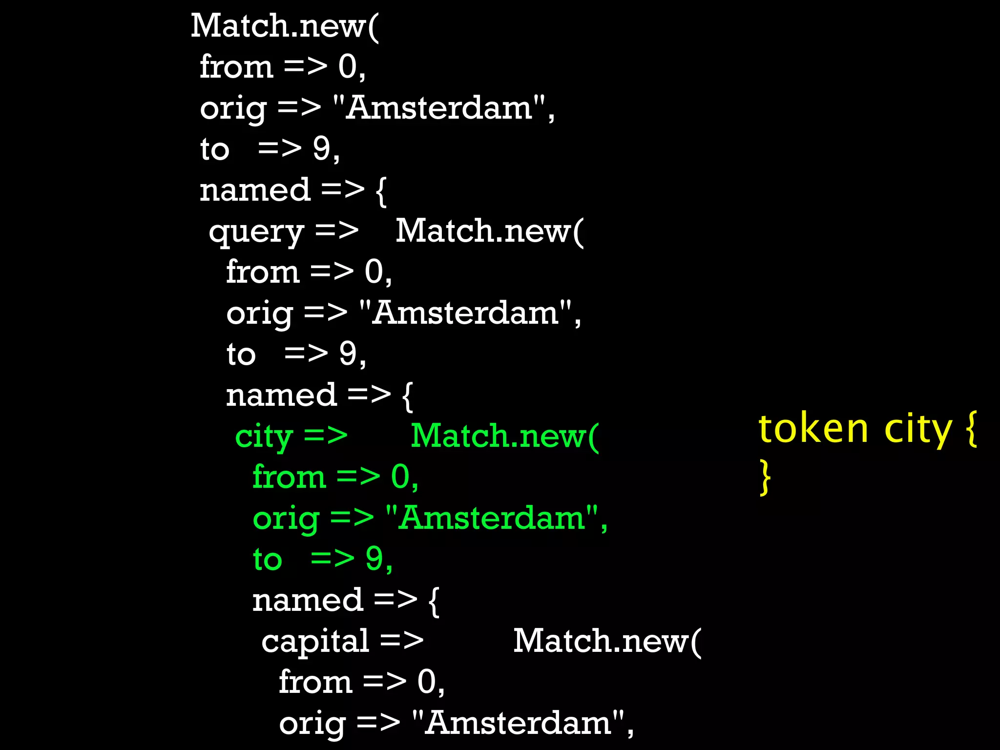Match.new(
from => 0,
orig => "Amsterdam",
to => 9,
named => {
 query => Match.new(
  from => 0,
  orig => "Amsterdam",
  to => 9,
  named => {
   city =>    Match.new(        token city {
    from => 0,                  }
    orig => "Amsterdam",
    to => 9,
    named => {
     capital =>    Match.new(
      from => 0,
      orig => "Amsterdam",
 