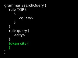grammar SearchQuery {
  rule TOP {
     ^
        <query>
     $
  }
  rule query {
     <city>
  }
  token city {
  }
}
 