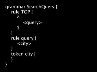 grammar SearchQuery {
  rule TOP {
     ^
        <query>
     $
  }
  rule query {
     <city>
  }
  token city {
  }
}
 