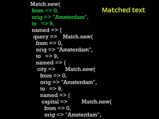 Match.new(
from => 0,                 Matched text
orig => "Amsterdam",
to => 9,
named => {
 query => Match.new(
  from => 0,
  orig => "Amsterdam",
  to => 9,
  named => {
   city =>    Match.new(
    from => 0,
    orig => "Amsterdam",
    to => 9,
    named => {
     capital =>    Match.new(
      from => 0,
      orig => "Amsterdam",
 