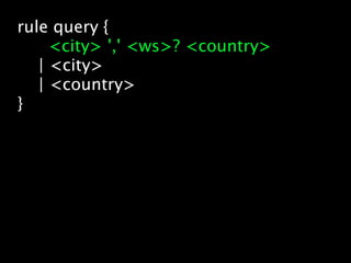 rule query {
     <city> ',' <ws>? <country>
   | <city>
   | <country>
}
 