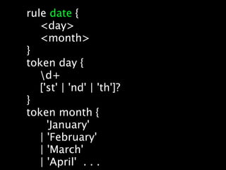 rule date {
   <day>
   <month>
}
token day {
   d+
   ['st' | 'nd' | 'th']?
}
token month {
     'January'
   | 'February'
   | 'March'
   | 'April' . . .
 