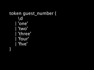 token guest_number {
    d
  | 'one'
  | 'two'
  | 'three'
  | 'four'
  | 'ﬁve'
}
 