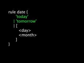 rule date {
     'today'
   | 'tomorrow'
   |[
       <day>
       <month>
     ]
}
 