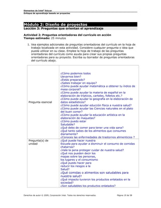 Elementos de Intel® Educar
Enfoque de aprendizaje basado en proyectos

Módulo 2: Diseño de proyectos

Lección 3: Preguntas que orientan el aprendizaje
Actividad 2: Preguntas orientadoras del currículo en acción
Tiempo estimado: 25 minutos
1. Vea ejemplos adicionales de preguntas orientadoras del currículo en la hoja de
trabajo localizada en esta actividad. Considere cualquier pregunta o idea que
pueda utilizar en su clase. Emplee la hoja de trabajo de las preguntas
orientadoras del currículo como ayuda para crear sus propias preguntas
orientadoras para su proyecto. Escriba su borrador de preguntas orientadoras
del currículo abajo.

Pregunta esencial

Pregunta(s) de
unidad

¿Cómo podemos todos
Llevarnos bien?
¿Estás preparado?
¿Sabes trabajar en equipo?
¿Cómo puede ayudar matemática a obtener tu índice de
masa corporal?
¿Cómo puede ayudar la materia de español en la
elaboración de trípticos, carteles, folletos etc.?
¿Cómo puede ayudar la geografía en la elaboración de
datos estadísticos?
¿Cómo puede ayudar educción física a nuestra salud?
¿Cómo puede ayudar las Ciencias naturales en el plato
del buen comer?
¿Cómo puede ayudar la educación artística en la
elaboración de maquetas?
¿Cómo puedo estar
Saludable?
¿Qué debo de comer para tener una vida sana?
¿Qué tanto sabes de los alimentos que consumes
diariamente?
¿Conoces las enfermedades de trastornos alimenticios ?
¿Qué puede hacer nuestra
Escuela para ayudar a disminuir el consumo de comidas
chatarras?
¿Vale la pena proteger cuidar de nuestra salud?
¿Qué nos pueden decir los
mapas sobre las personas,
los lugares y el consumismo
¿Qué puedo hacer para
reducir los riesgos a la
Salud?
¿Qué comidas o alimentos son saludables para
nuestra salud?
¿Qué impacto tuvieron los productos enlatados en la
sociedad?
¿Son saludables los productos enlatados?

Derechos de autor © 2009, Corporación Intel. Todos los derechos reservados.

Página 19 de 58

 