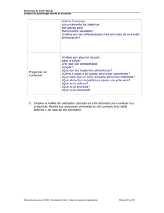 Elementos de Intel® Educar
Enfoque de aprendizaje basado en proyectos

¿Cómo funcionan
conjuntamente los sistemas
del cuerpo para
Mantenerme saludable?
¿Cuáles son las enfermedades más comunes de una mala
alimentación?

Preguntas de
contenido

¿Cuáles son algunos riesgos
para la salud?
¿Por qué son considerados
riesgos?
¿Qué son los trastornos alimenticios?
¿Cómo ayudas a tu cuerpo para estar sanamente?
¿Que hace que un niño consuma alimentos chatarras?
¿Qué alimentos necesitamos apara una vida sana?
¿Qué es la bulimia?
¿Qué es la anorexia?
¿Qué es la obesidad?

2. Emplee la matriz de valoración ubicada en esta actividad para evaluar sus
preguntas. Revise sus preguntas orientadoras del currículo (ver tabla
anterior), en caso de ser necesario.

Derechos de autor © 2009, Corporación Intel. Todos los derechos reservados.

Página 20 de 58

 