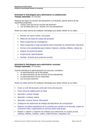 Elementos de Intel® Educar
Enfoque de aprendizaje basado en proyectos

Actividad 5: Estrategias para administrar la colaboración
Tiempo estimado: 15 minutos
Después de seguir la reunión del estudiante y el docente, piense acerca de las
siguientes preguntas:
• ¿Cómo cree que fue la reunión del docente?
• ¿Le da ideas para una reunión con sus estudiantes?
Anote sus ideas acerca de cualquier estrategia que desee utilizar en su clase.
•

Revisar por igual a todos los grupos

•

Observar las listas de cotejo del proyecto

•

Hacer preguntas de investigación

•

Hacer preguntas a cada estudiante para comprobar la comprensión individual

•

Animar a los estudiantes para realizar trípticos, carteles, folletos, videos etc.

•

Asignar los próximos pasos

•

Proporcionar realimentación

•

Facilitar la fecha de la próxima revisión

Actividad 6: Estrategias para administrar recursos
Tiempo estimado: 15 minutos
Cuando planifique la administración de recursos, considere:
• La administración de la tecnología
• La administración de los archivos de los estudiantes
• La administración de los materiales
• Los recursos externos
Anote sus ideas acerca de cualquier estrategia que desee utilizar en su clase.
•

Crear un wiki del proyecto antes del inicio del proyecto

•

Crear sitios de colaboración en línea

•

Aprender a utilizar Google

•

Aprender a realizar videos

•

Aprender a buscar buena información

•

Configurar las estaciones de trabajo del laboratorio de computación

•

Obtener los datos estadísticos de la comidas que venden en la escuela, cuales se
consumen más y organizarlos en archivos para cada grupo

•

Realzar y repartir y exponer los trabajos que realicemos en grupos ya sea
trípticos, folletos, carteles, videos, experimentos, maquetas, etc.

Derechos de autor © 2009, Corporación Intel. Todos los derechos reservados.

Página 38 de 58

 