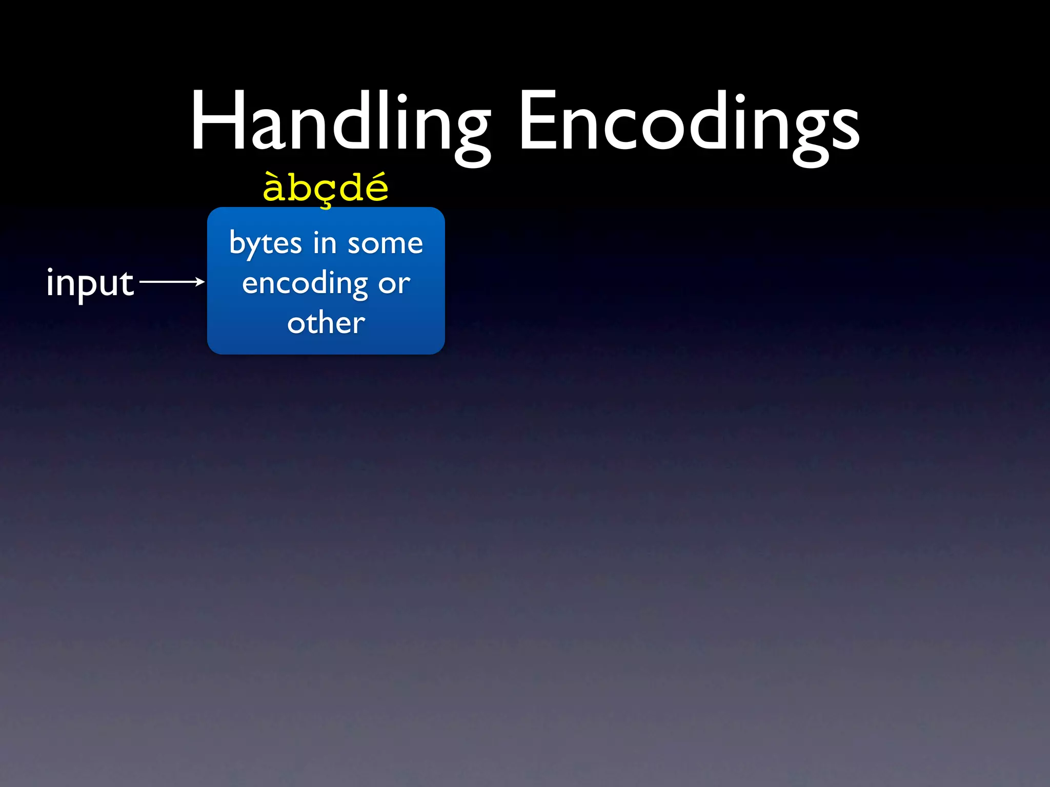 Handling Encodings
           àbçdé
         bytes in some
input     encoding or
             other
 