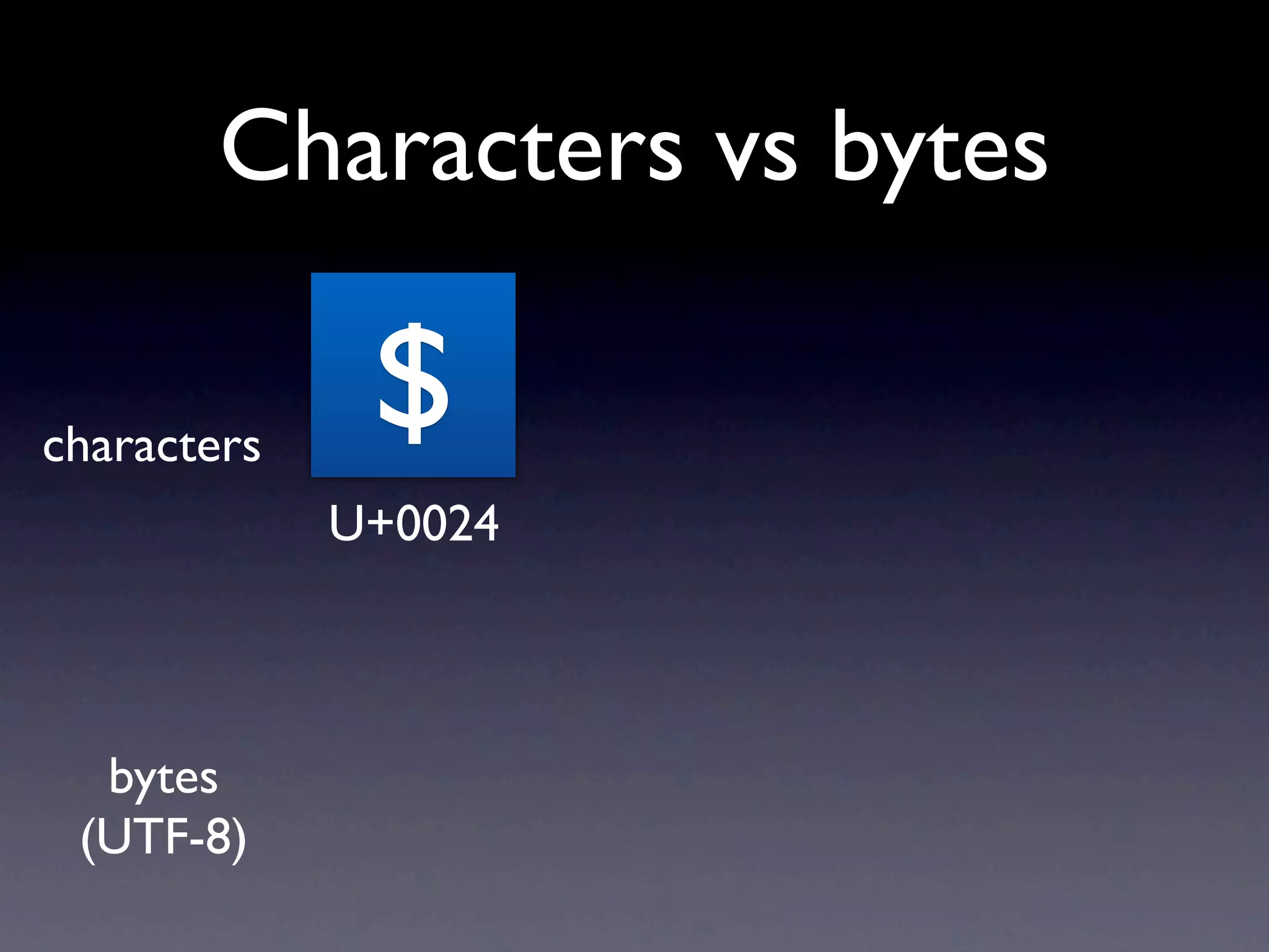 Characters vs bytes

characters
              $
             U+0024



  bytes
 (UTF-8)
 