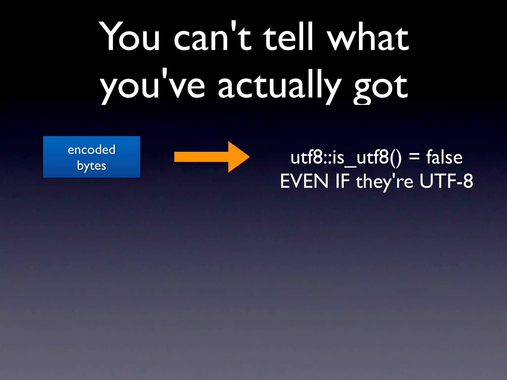 You can't tell what
    you've actually got
encoded
 bytes          utf8::is_utf8() = false
               EVEN IF they're UTF-8
 