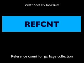 What does SV look like?
Reference count for garbage collection
REFCNT
 