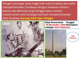 Dengat semangat yang tinggi arek-arek Surabaya berusaha
mempertahankan Surabaya dengan melawan tentara
Sekutu dan Belanda yang menggunakan senjata
modern,Arek-arek Surabaya berhasil mempertahankan
kota Surabaya kurang lebih tiga minggu.
                                Oleh Pemerintah   Tanggal
                                10 November 1945 ditetapkan
                                sebagai Hari Pahlawan



                                                      Tugu
                                                    Pahlawan
 
