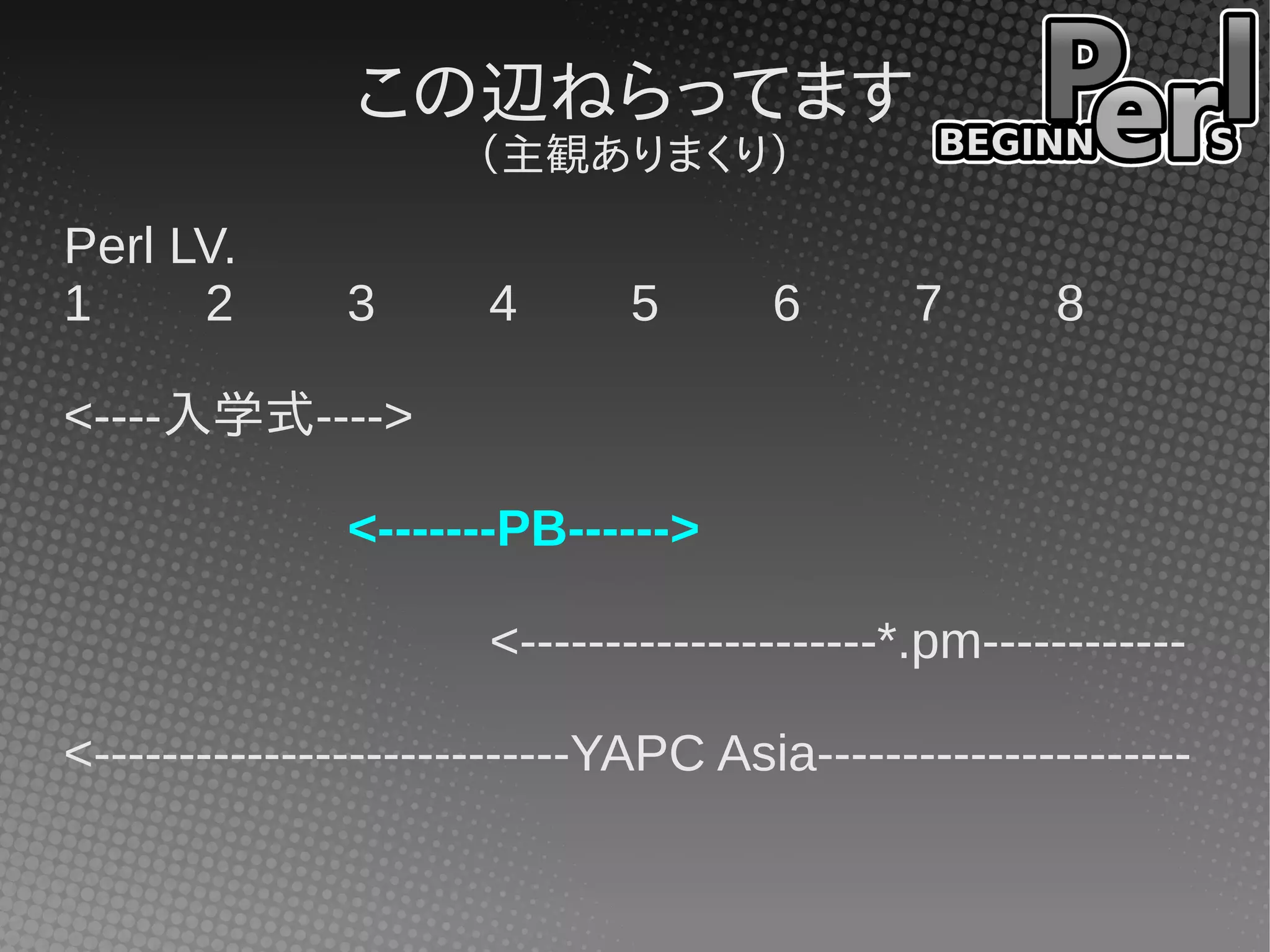 この辺ねらってます
（主観ありまくり）
Perl LV.
1 2 3 4 5 6 7 8
<----入学式---->
<-------PB------>
<---------------------*.pm------------
<----------------------------YAPC Asia----------------------
 