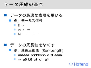 データ圧縮の基本 データの最適な表現を用いる 例: モールス信号 E : ・ A: ・ ー Q: ー ー ・ー データの冗長性をなくす 例: 連長圧縮法 (Run-Length) aaaaaa bbbbbbbb c d aaaa ->  a6 b8 c1 d1 a4 