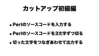 カットアップ初級編

•Perlのソースコードを入力する

• Perlのソースコードを3文字ずつ切る

• 切った文字をつなぎあわせて出力する
 