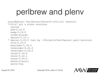 perlbrew and plenv
jason@darwin PerlDancer/Dancer2-official (master)
7:22:47 git » plenv versions
system
aaw-5.22.0
bump-5.24.0
crome-plated
dancer-5.10.1
* dancer-5.22.0 (set by ~/Projects/PerlDancer/.perl-version)
fifo-5.22.0
pearlbee-5.18.4
vetminder-5.22.0
vetminder-5.24.0
veure-5.18.4
veure-5.22.1
veure-5.24.0
waste-classic
waste-tng
Copyright 2016, Jason A. CromeAugust 25, 2016
 