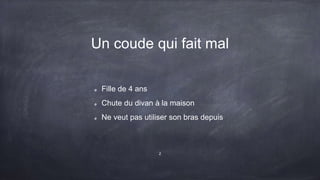 Un coude qui fait mal
Fille de 4 ans
Chute du divan à la maison
Ne veut pas utiliser son bras depuis
2
 