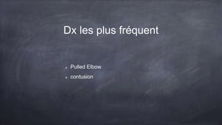 Dx les plus fréquent
Pulled Elbow
contusion
 
