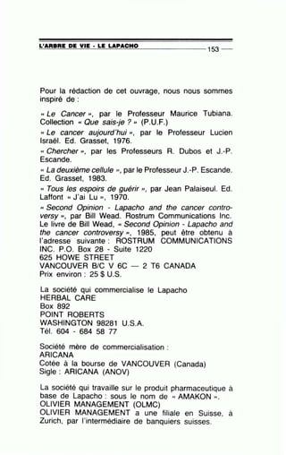 ~L'=A=RB=R~E~D~E~V~IE=-· ~L=E~LA~P=A~CH~0=-------------- 153 --
Pour la rédaction de cet ouvrage, nous nous sommes
inspiré de :
((Le Cancer'', par le Professeur Maurice Tubiana.
Collection « Que sais-je ? » (P.U.F.)
«Le cancer aujourd'hui", par le Professeur Lucien
Israël. Ed. Grasset, 1976.
«Chercher», par les Professeurs R. Dubos et J.-P.
Escande.
« La deuxième cellule " , par le Professeur J.-P. Escande.
Ed. Grasset, 1983.
« Tous les espoirs de guérir», par Jean Palaiseul. Ed.
Laffont «J'ai Lu», 1970.
cc Second Opinion - Lapacho and the cancer contro-
versy », par Bill Wead. Rostrum Communications lnc.
Le livre de Bill Wead, cc Second Opinion - Lapacho and
the cancer controversy ", 1985, peut être obtenu à
l'adresse suivante : ROSTRUM COMMUNICATIONS
INC. P.O. Box 28 - Suite 1220
625 HOWE STREET
VANCOUVER B/C V 6C 2 T6 CANADA
Prix environ : 25 $ U.S.
La société qui commercialise le Lapacho
HERBAL CARE
Box 892
POINT ROBERTS
WASHINGTON 98281 U.S.A.
Tél. 604 - 684 58 77
Société mère de commercialisation :
ARICANA
Cotée à la bourse de VANCOUVER (Canada)
Sigle : ARICANA (ANOV)
La société qui travaille sur le produit pharmaceutique à
base de Lapacho: sous le nom de « AMAKON ».
OLIVIER MANAGEMENT (OLMC)
OLIVIER MANAGEMENT a une filiale en Suisse, à
Zurich, par l'intermédiaire de banquiers suisses.
 