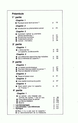 Préambule
1re partie
Chapitre 1
e Pourquoi avoir écrit ce livre ? p. 19
Chapitre 2
e Introduction au phénomène cancer p. 25
Chapitre 3
e Comment naîtrait la première
cellule cancéreuse ? p. 31
e Ouvertures nouvelles p. 33
e Traitements actuels p. 37
e Cancer : mot tabou p. 38
2• partie
Chapitre 1
e L'Arbre de Vie : p. 45
LeLapacho, sadécouverte p. 46
Chapitre 2
• Les différentes approches des maladies p. 56
• Qui s'intéresse au Lapacho ? p. 59
3• partie
Chapitre 1
e La réalité cancérologique p. 67 •
e Tout est-il fait pour guérir le cancer ? p. 68
e Peut-on dépister le cancer ? p. 76
Chapitre 2
e Payez et taisez-vous p. 81
Chapitre 3
e Une réalité inconnue du public p. 87
Chapitre 4
e ·Ouel avenir pour le Lapacho p. 91
en France ?
4• partie
Chapitre 1
• Le cancer, une maladie pas
comme les autres ? Oui et non p. 99
• Il faut désacraliser le cancer p. 101
e Le rôle du médecin p. 108
e Bizarre p. 115
- Les témoignages p. 117
- Les adresses - Les références p. 151
- Epilogue p. 157
• Mais il n'y a pas que le Lapacho !
• Le réenchantement de la médecine.
 