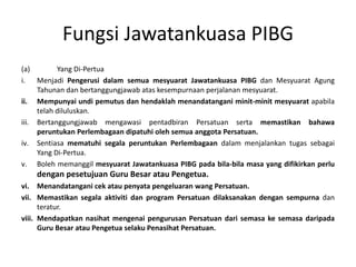 Fungsi Jawatankuasa PIBG
(a) Yang Di-Pertua
i. Menjadi Pengerusi dalam semua mesyuarat Jawatankuasa PIBG dan Mesyuarat Agung
Tahunan dan bertanggungjawab atas kesempurnaan perjalanan mesyuarat.
ii. Mempunyai undi pemutus dan hendaklah menandatangani minit-minit mesyuarat apabila
telah diluluskan.
iii. Bertanggungjawab mengawasi pentadbiran Persatuan serta memastikan bahawa
peruntukan Perlembagaan dipatuhi oleh semua anggota Persatuan.
iv. Sentiasa mematuhi segala peruntukan Perlembagaan dalam menjalankan tugas sebagai
Yang Di-Pertua.
v. Boleh memanggil mesyuarat Jawatankuasa PIBG pada bila-bila masa yang difikirkan perlu
dengan pesetujuan Guru Besar atau Pengetua.
vi. Menandatangani cek atau penyata pengeluaran wang Persatuan.
vii. Memastikan segala aktiviti dan program Persatuan dilaksanakan dengan sempurna dan
teratur.
viii. Mendapatkan nasihat mengenai pengurusan Persatuan dari semasa ke semasa daripada
Guru Besar atau Pengetua selaku Penasihat Persatuan.
 