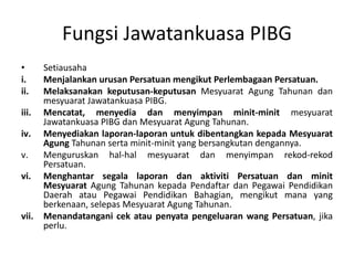 Fungsi Jawatankuasa PIBG
• Setiausaha
i. Menjalankan urusan Persatuan mengikut Perlembagaan Persatuan.
ii. Melaksanakan keputusan-keputusan Mesyuarat Agung Tahunan dan
mesyuarat Jawatankuasa PIBG.
iii. Mencatat, menyedia dan menyimpan minit-minit mesyuarat
Jawatankuasa PIBG dan Mesyuarat Agung Tahunan.
iv. Menyediakan laporan-laporan untuk dibentangkan kepada Mesyuarat
Agung Tahunan serta minit-minit yang bersangkutan dengannya.
v. Menguruskan hal-hal mesyuarat dan menyimpan rekod-rekod
Persatuan.
vi. Menghantar segala laporan dan aktiviti Persatuan dan minit
Mesyuarat Agung Tahunan kepada Pendaftar dan Pegawai Pendidikan
Daerah atau Pegawai Pendidikan Bahagian, mengikut mana yang
berkenaan, selepas Mesyuarat Agung Tahunan.
vii. Menandatangani cek atau penyata pengeluaran wang Persatuan, jika
perlu.
 