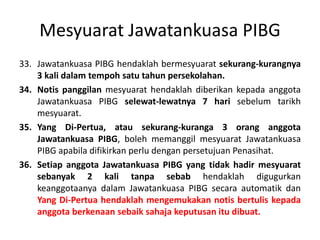 Mesyuarat Jawatankuasa PIBG
33. Jawatankuasa PIBG hendaklah bermesyuarat sekurang-kurangnya
3 kali dalam tempoh satu tahun persekolahan.
34. Notis panggilan mesyuarat hendaklah diberikan kepada anggota
Jawatankuasa PIBG selewat-lewatnya 7 hari sebelum tarikh
mesyuarat.
35. Yang Di-Pertua, atau sekurang-kuranga 3 orang anggota
Jawatankuasa PIBG, boleh memanggil mesyuarat Jawatankuasa
PIBG apabila difikirkan perlu dengan persetujuan Penasihat.
36. Setiap anggota Jawatankuasa PIBG yang tidak hadir mesyuarat
sebanyak 2 kali tanpa sebab hendaklah digugurkan
keanggotaanya dalam Jawatankuasa PIBG secara automatik dan
Yang Di-Pertua hendaklah mengemukakan notis bertulis kepada
anggota berkenaan sebaik sahaja keputusan itu dibuat.
 