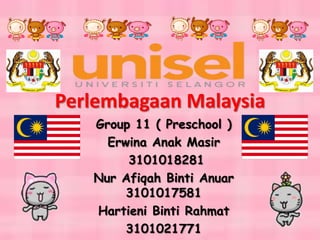 Perlembagaan Malaysia
   Group 11 ( Preschool )
     Erwina Anak Masir
        3101018281
   Nur Afiqah Binti Anuar
        3101017581
   Hartieni Binti Rahmat
        3101021771
 