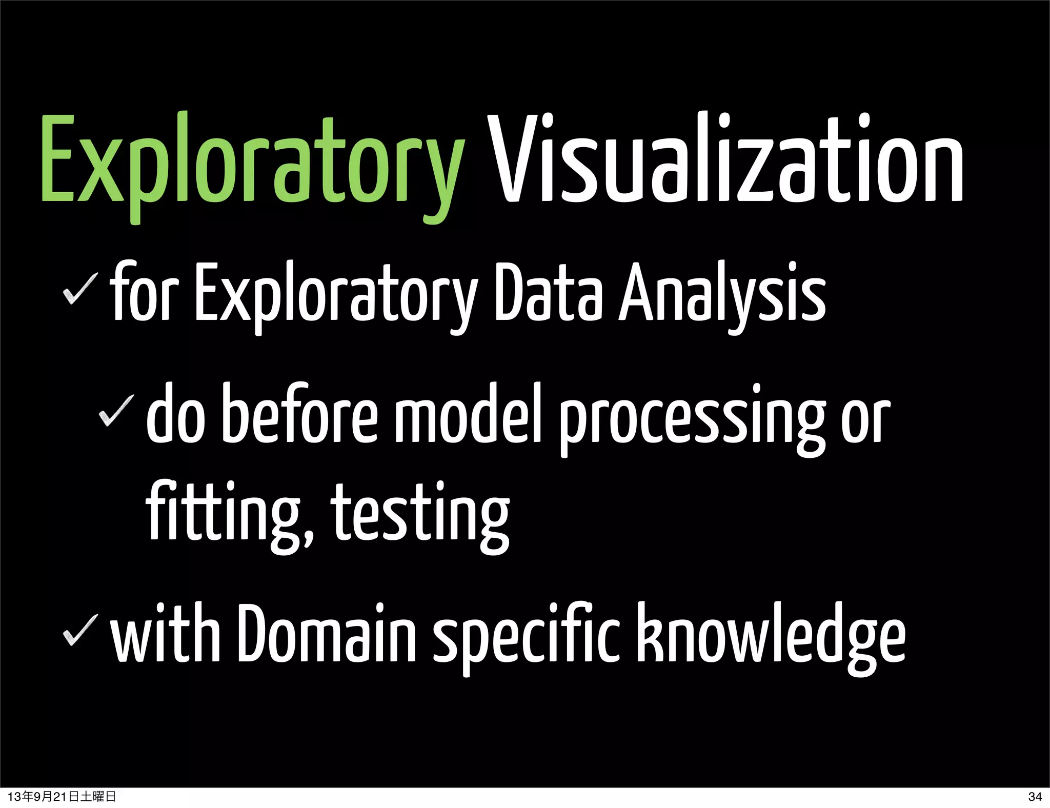 Exploratory Visualization
for Exploratory Data Analysis
do before model processing or
fitting, testing
with Domain specific knowledge
3413年9月21日土曜日
 