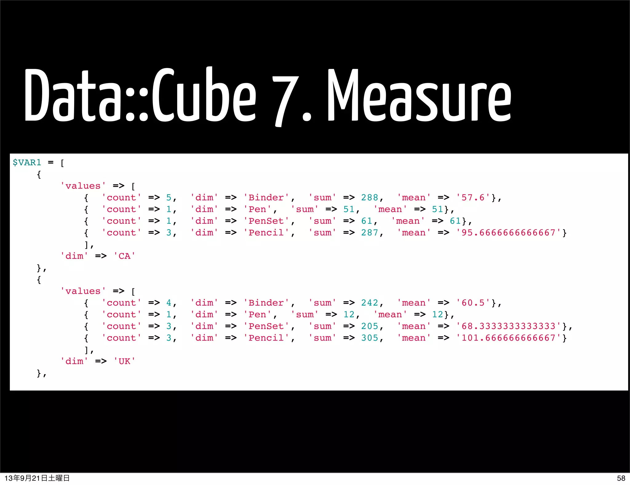 Data::Cube 7. Measure
$VAR1 = [
{
'values' => [
{ 'count' => 5, 'dim' => 'Binder', 'sum' => 288, 'mean' => '57.6'},
{ 'count' => 1, 'dim' => 'Pen', 'sum' => 51, 'mean' => 51},
{ 'count' => 1, 'dim' => 'PenSet', 'sum' => 61, 'mean' => 61},
{ 'count' => 3, 'dim' => 'Pencil', 'sum' => 287, 'mean' => '95.6666666666667'}
],
'dim' => 'CA'
},
{
'values' => [
{ 'count' => 4, 'dim' => 'Binder', 'sum' => 242, 'mean' => '60.5'},
{ 'count' => 1, 'dim' => 'Pen', 'sum' => 12, 'mean' => 12},
{ 'count' => 3, 'dim' => 'PenSet', 'sum' => 205, 'mean' => '68.3333333333333'},
{ 'count' => 3, 'dim' => 'Pencil', 'sum' => 305, 'mean' => '101.666666666667'}
],
'dim' => 'UK'
},
5813年9月21日土曜日
 