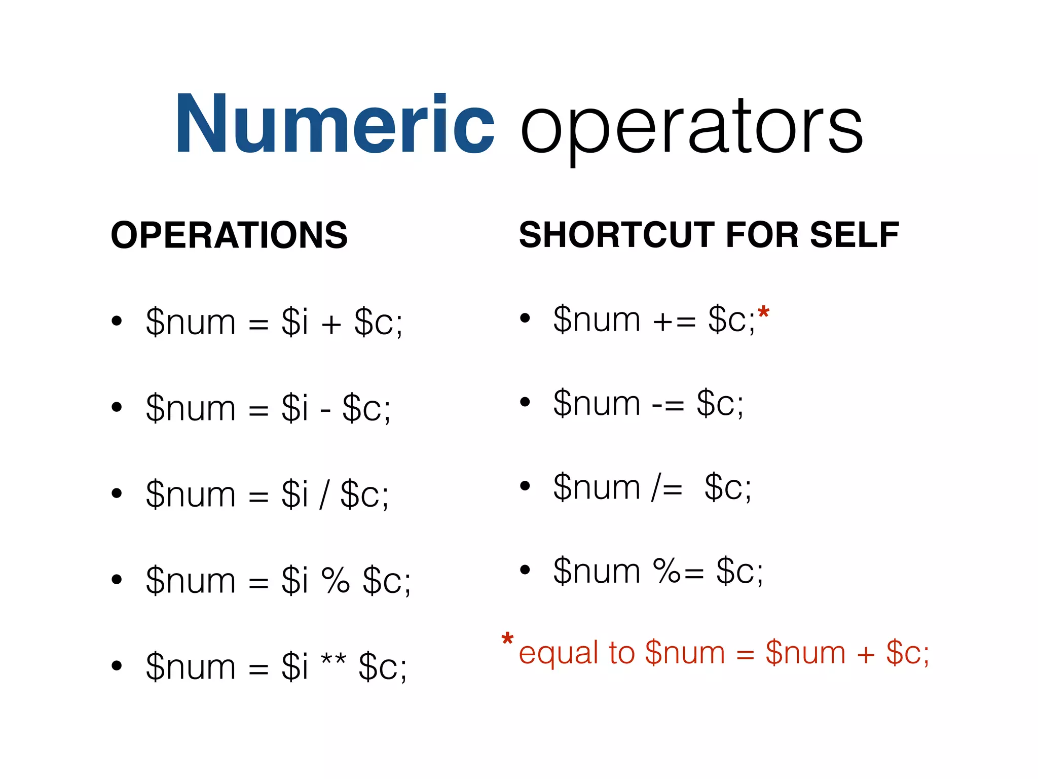 Numeric operators
OPERATIONS!
• $num = $i + $c;
• $num = $i - $c;
• $num = $i / $c;
• $num = $i % $c;
• $num = $i ** $c;
SHORTCUT FOR SELF!
• $num += $c;*
• $num -= $c;
• $num /= $c;
• $num %= $c;
equal to $num = $num + $c;*
 