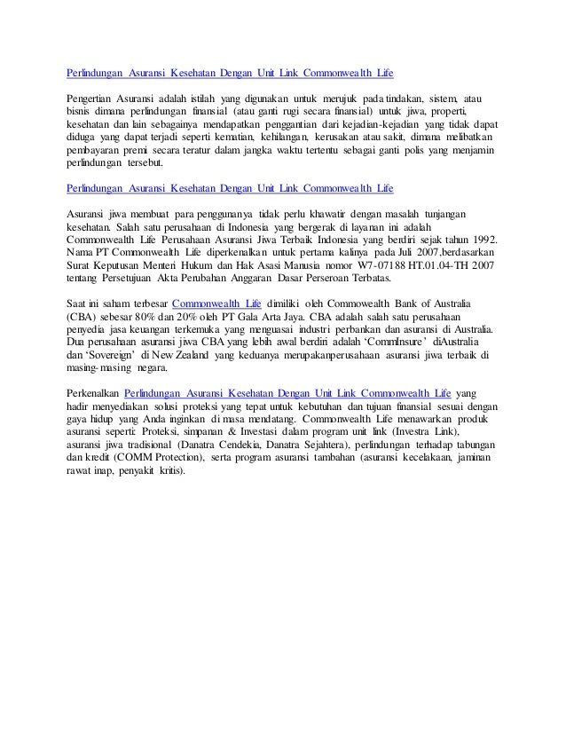 Perlindungan Asuransi Kesehatan Dengan Unit Link Commonwealth Life