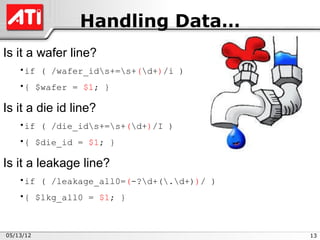 Handling Data…
Is it a wafer line?
    •if ( /wafer_ids+=s+(d+)/i )
    •{ $wafer = $1; }

Is it a die id line?
    •if ( /die_ids+=s+(d+)/I )
    •{ $die_id = $1; }

Is it a leakage line?
    •if ( /leakage_all0=(-?d+(.d+))/ )
    •{ $lkg_all0 = $1; }



05/13/12                                    13
 